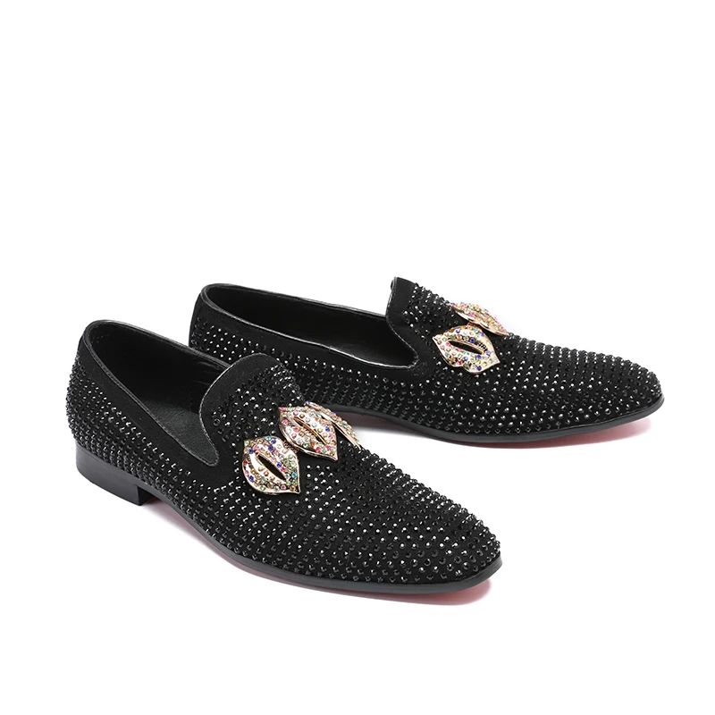 

2018 Evening Party Black Crystals Men's Suede Crafted Slip-on Shoes The Focus of Floor Men Loafer for Wedding Prom and Banquet