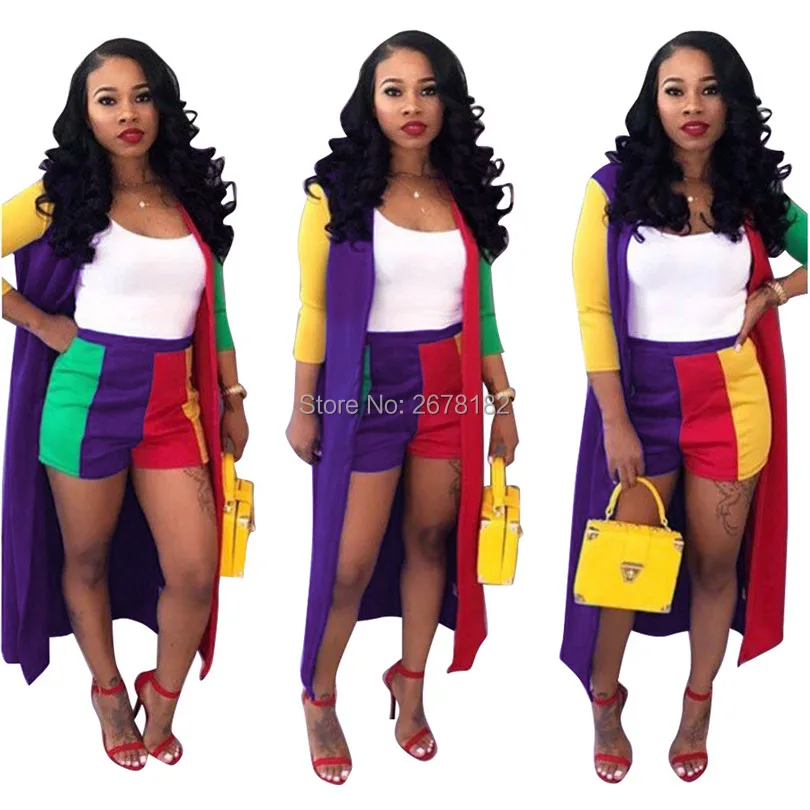 

2019 Rainbow Striped Print Full Sleeve Women's Sets Summer fashion Coat+Short two pieces suits pullover Casual tracksuit S3319