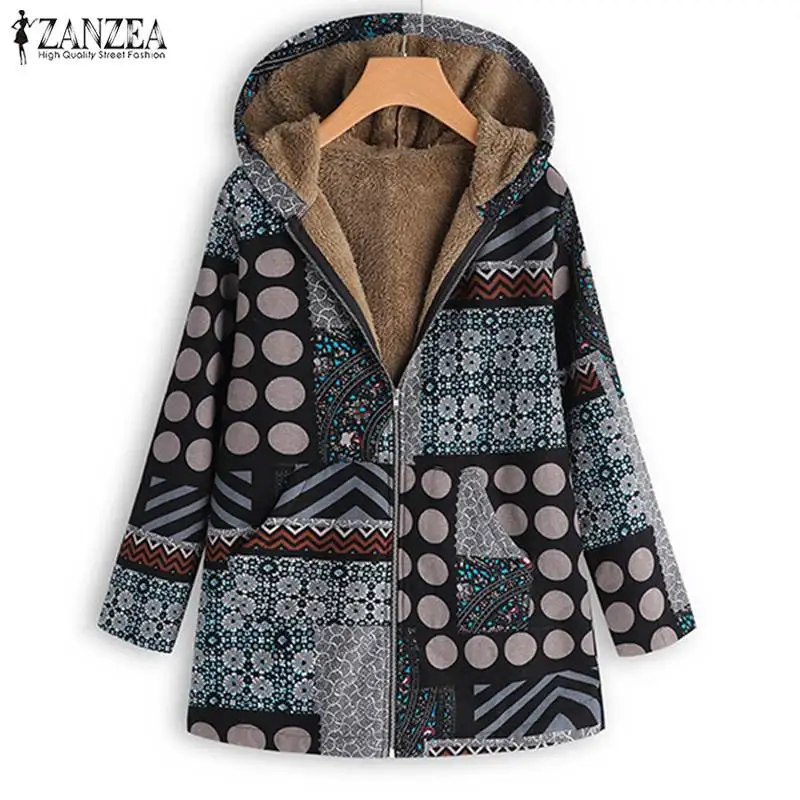 low cost 2019 Plus Size ZANZEA Winter Women Hooded Zipper Long Sleeve Vintage Printed Loose Fur Fleece Coat