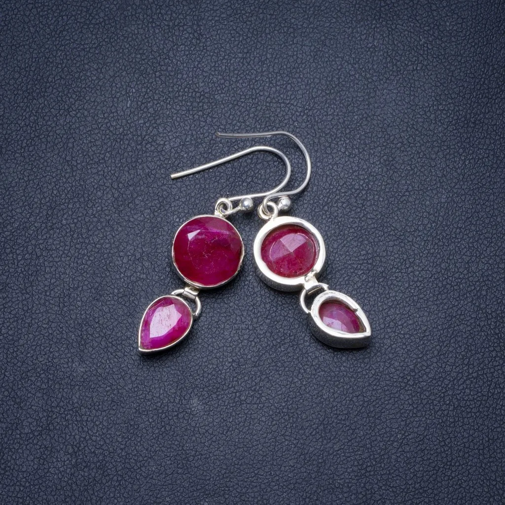 

Natural Cherry Ruby Handmade Unique 925 Sterling Silver Earrings 1.5" Y1287