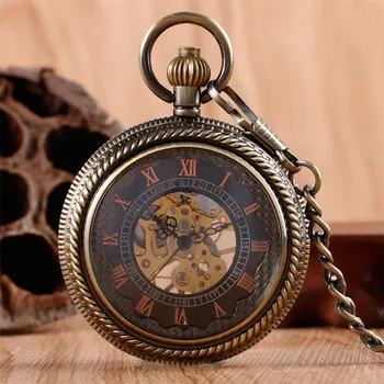 Transparent Mechanical Pocket Watch Retro Watch Men Women Hand Winding Roman Numerals Skeleton Clock with Steampunk Chain reloj vigoroso men s antique mechanical skeleton chain pocket watch classic vintage retro design watches wind up steampunk gold clock