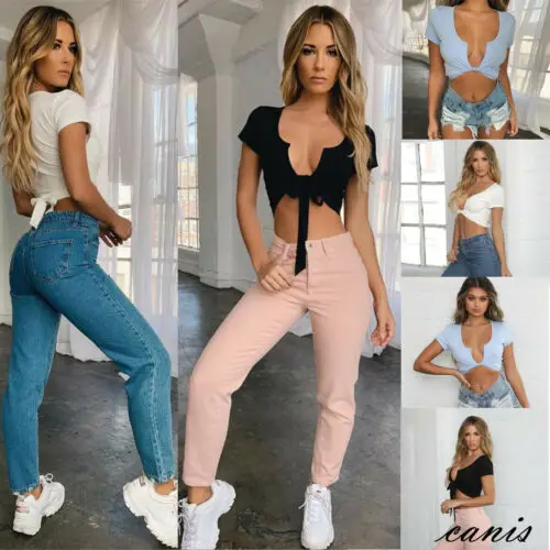 

2019 Womens Sexy Vest Casual Off Waist Crop Tops T-Shirt Club Wear Shirt Summer Deep V Neck