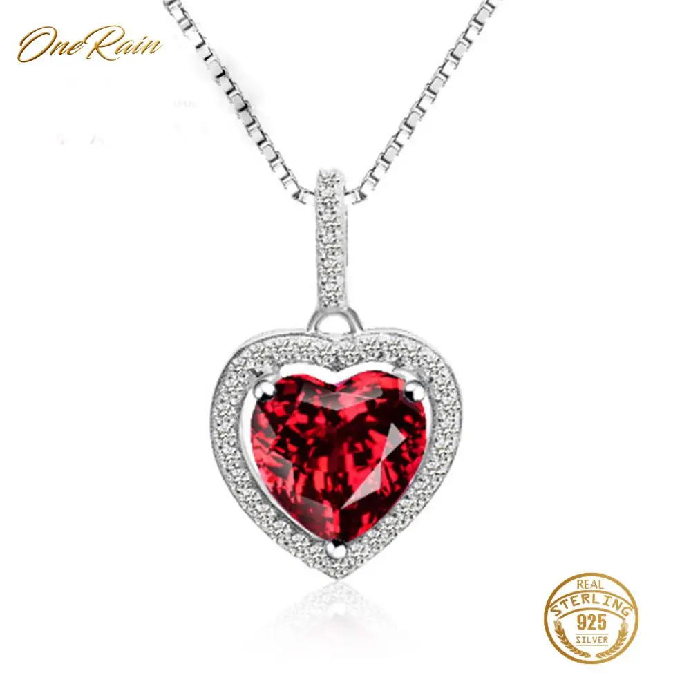 

OneRain 100% 925 Sterling Silver 9 MM Love Heart Red Zircon Gemstone Engagement Wedding Pendant For Women Wholesale