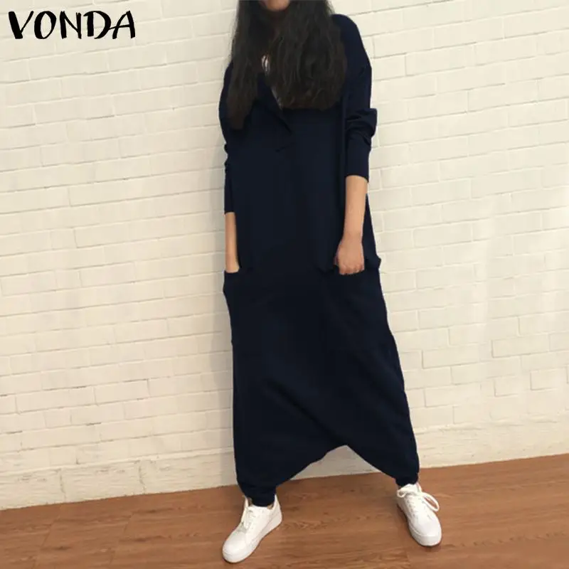 

VONDA Plus Size Rompers Womens Jumpsuit 2019 Autumn Casual Loose Harem Pants Sexy Lapel Neck Long Sleeve Playsuits Overalls