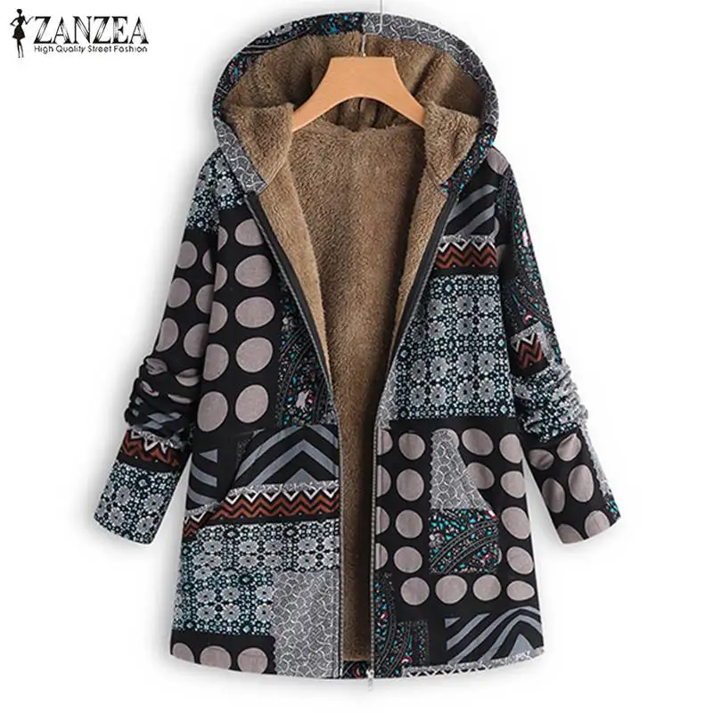 low cost 2019 Plus Size ZANZEA Winter Women Hooded Zipper Long Sleeve Vintage Printed Loose Fur Fleece Coat