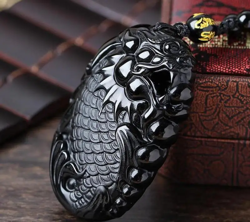 

hand carved Natural obsidian dragon fish pendant Wealth & necklace