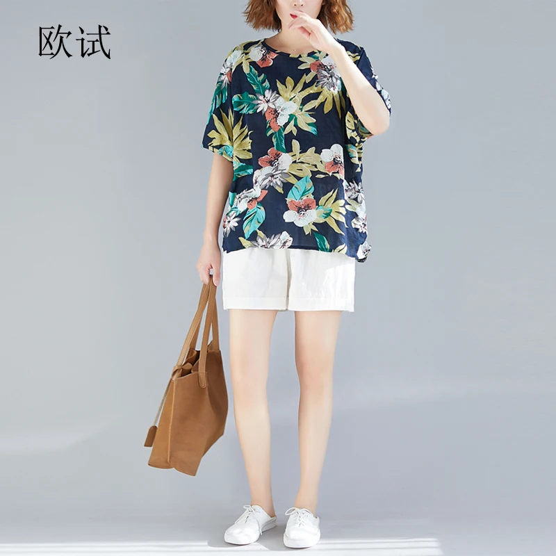 

New Arrival 2019 Summer Plus Size T Shirt Women Leaf Printed Cotton Linen Tshirt Femme Loose Casual Large Size T-Shirts Thin