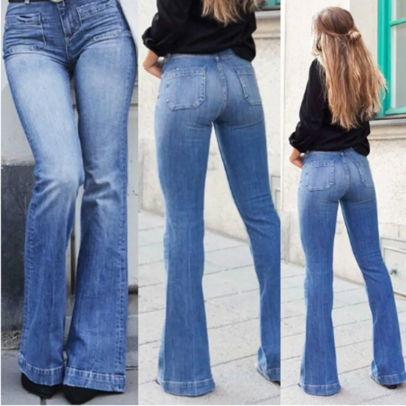 Весенние летние женские обтягивающие винтажные расклешенные джинсы с высокой талией, вареные корейские эластичные потертые брюки с широкими штанинами размера плюс 3XL