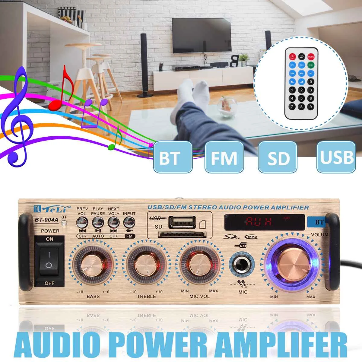 

Audio Amplifier bluetooth HIFI Stereo Power Amplifier FM Radio Player Car Amplifier Home Theater Amplifiers 2 In 1