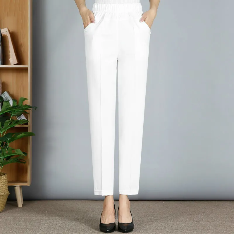 

2019 Spring Summer Middle Aged Women Pants Elastic Waist Loose Casual Straight Pants Plus Size 5XL Pocket Female Trousers