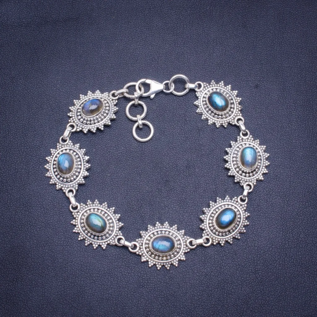 

Natural Blue Fire Labradorite Handmade Unique 925 Sterling Silver Bracelet 7.25-8" A3053