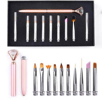 

10in1 Nail Art Painting Brush Set Liner Flower 3D Gradient Dotting Builder Cuticle Remove Acrylic Drawing Pen Changeable