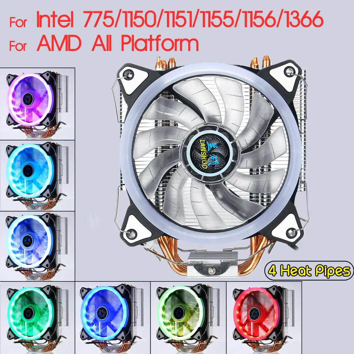 

4 Copper Heatpipes CPU Cooler Heatsink Radiator Quiet 120mm Cooling Fan with RGB LED for Intel 775/1150/1151/1155/1156/1366 AMD