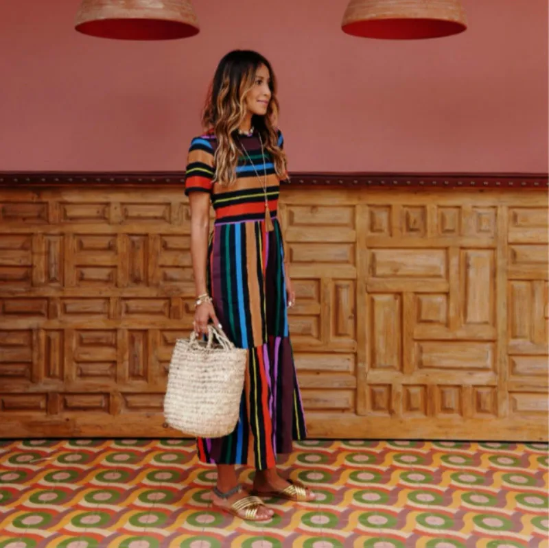 

Women 2019 Summer Stripe Short Sleeve Boho Party Evening Beach Dresses Long Maxi Dress Sundress
