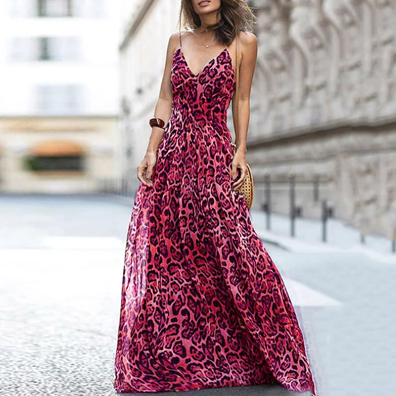 

Women Leopard Print Long Dress V Neck Spaghetti Straps Sleeveless Casual Loose Holiday Beachwear Robe Female Maxi Dress Vestidos