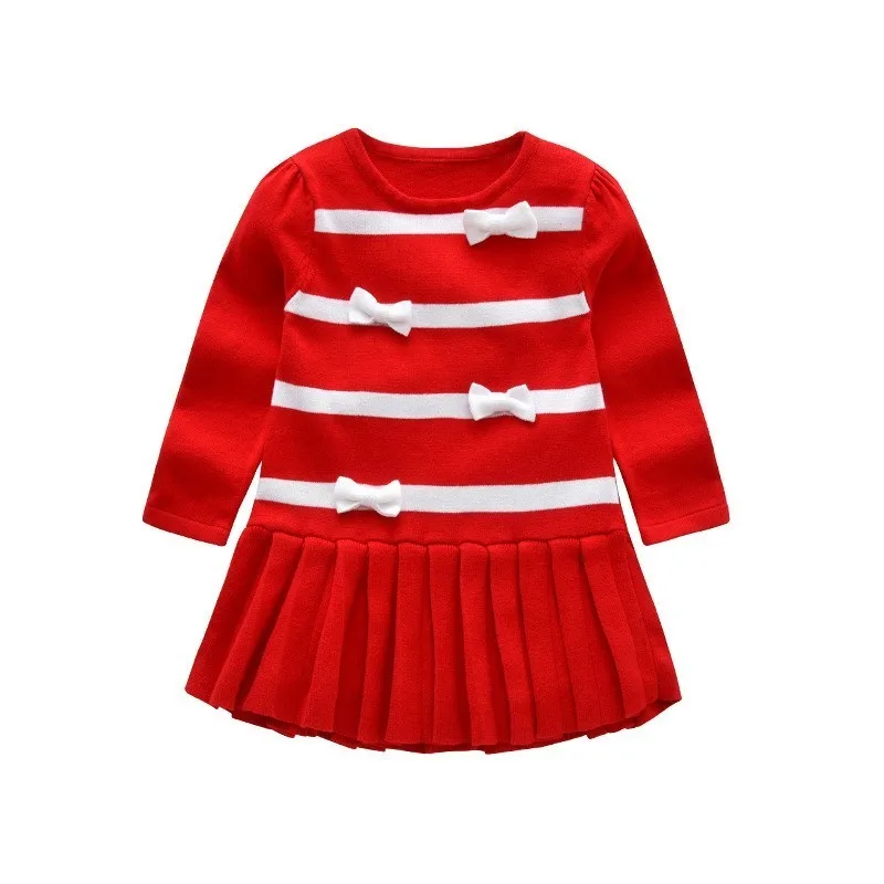 Весеннее платье-свитер для маленьких девочек, хлопковая детская одежда, детская вязаная одежда с длинными рукавами и бантом, зимняя бутиковая одежда для детей