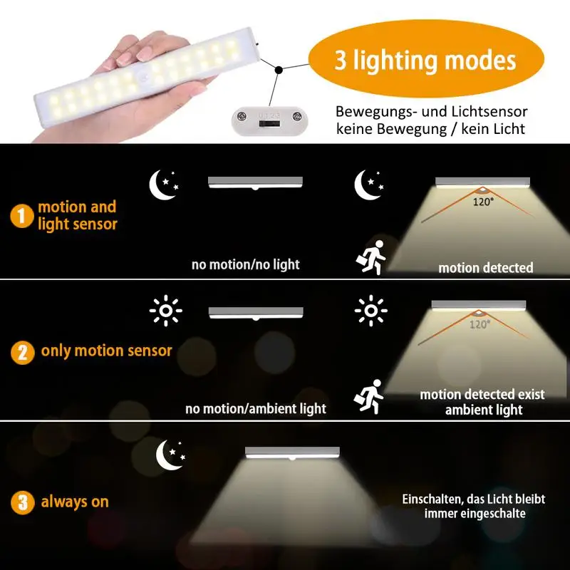 Датчик движения Ночной светильник 24 40 60 светодиодные светильники для освещения шкафа на батарейках шкаф ИК инфракрасный детектор движения настенный светильник usb зарядка