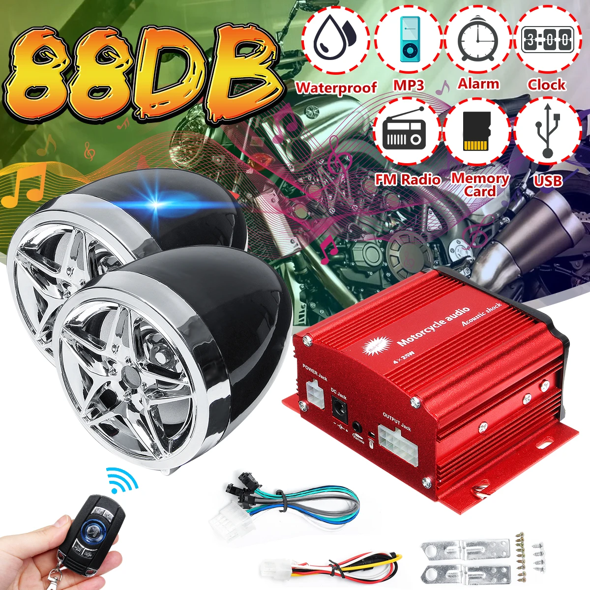 

Anti-theft 88dB Motorcycle Audio MP3 Player Wireless Remote Control Alarm Clock FM USB bluetooth Speaker Music Player