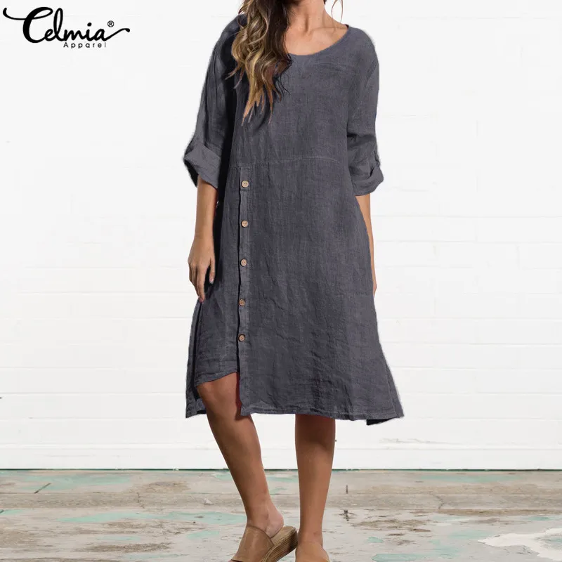 

Plus Size Celmia Women Vintage Mid-calf Dress Casual Loose Buttons Asymmetrical Summer Beach Sundress 2019 Long Shirt Vestidos
