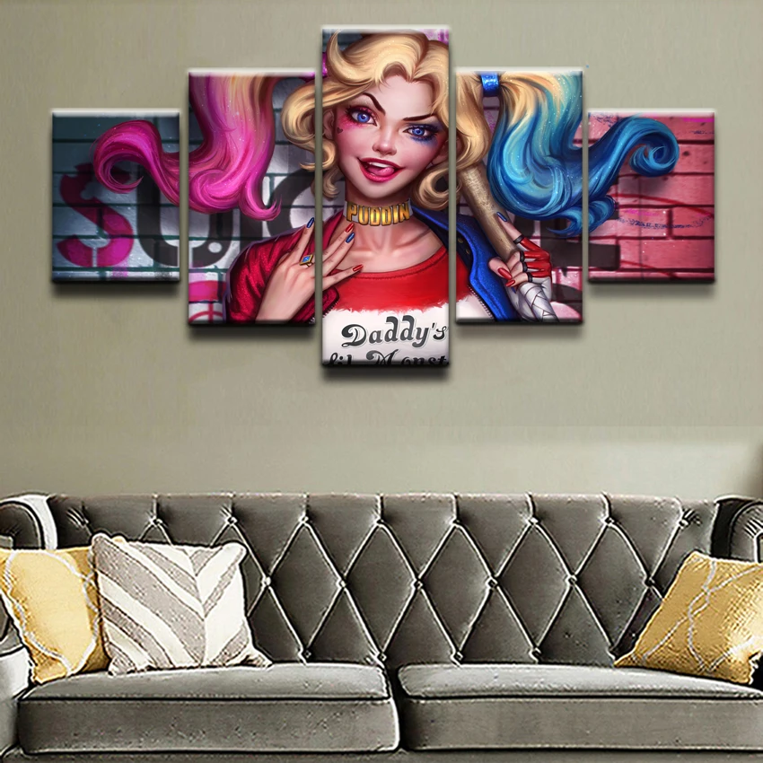 

Canvas Paintings Living Room Home Decorative Artistic Pictures 5 Pieces Comics Harley Quinn Posters Wall Art Modular Framework