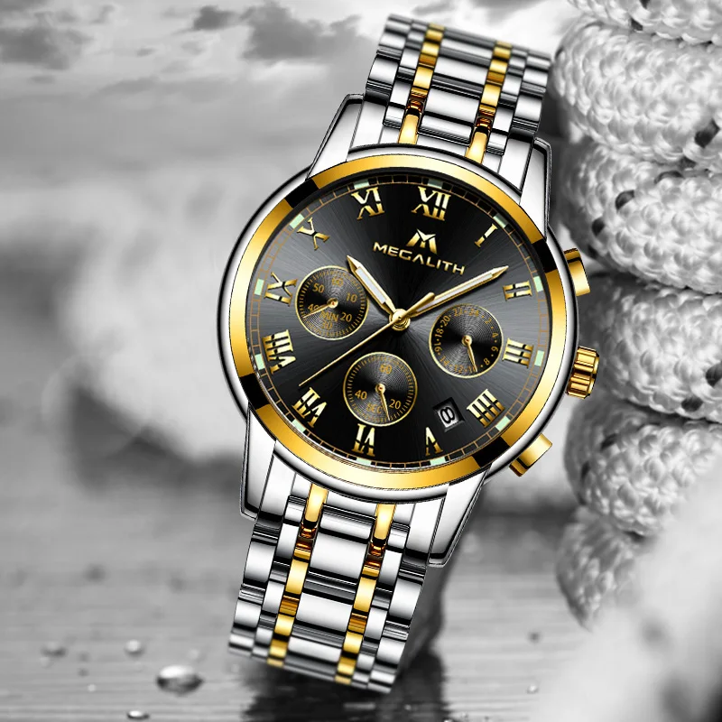 

MEGALITH Mens Watch Sports Gold Stainless Steel Waterproof Date Stainless Steel Quartz Watches Business Wristwatch For Man Clock