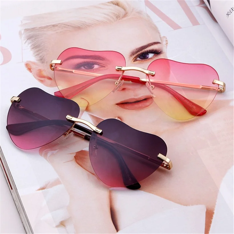 

XojoX Heart Sunglasses Women Fashion Rimless Sun Glasses Clear Transparent Heart Glasses Vintage Frameless UV400 Mirror Eyewear