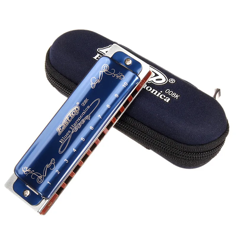 Easttop T008K 10 الثقوب هارمونيكا البلوز محدودة النسخة الأزرق اللون سلم موسيقي القيثارة الموسيقية أداة Abcde F G مفاتيح مع حالة