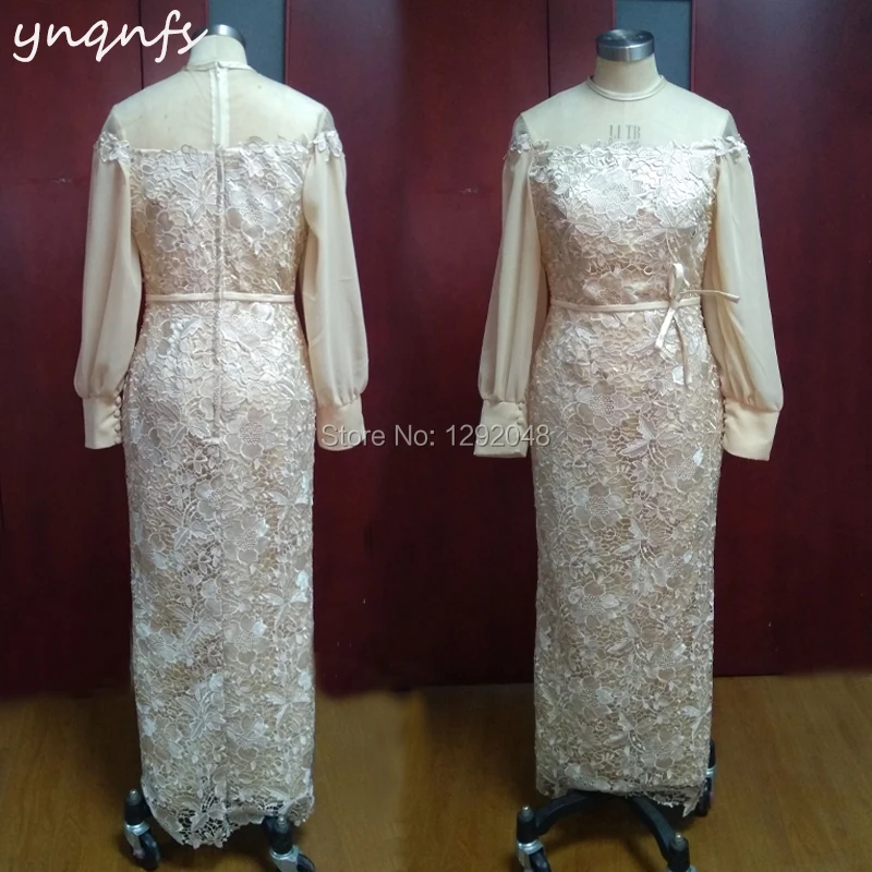 YNQNFS M121 Robe Soiree Dubai Lange Mouwen Enkellange Champagne Moeder van de Bruid Jurken Lace Gown Wedding Party Gast dragen YNQNFS M121 Robe Soiree Dubai Lange Mouwen Enkellange Champagne Moeder van de Bruid Jurken Lace Gown Wedding Party Gast dragen