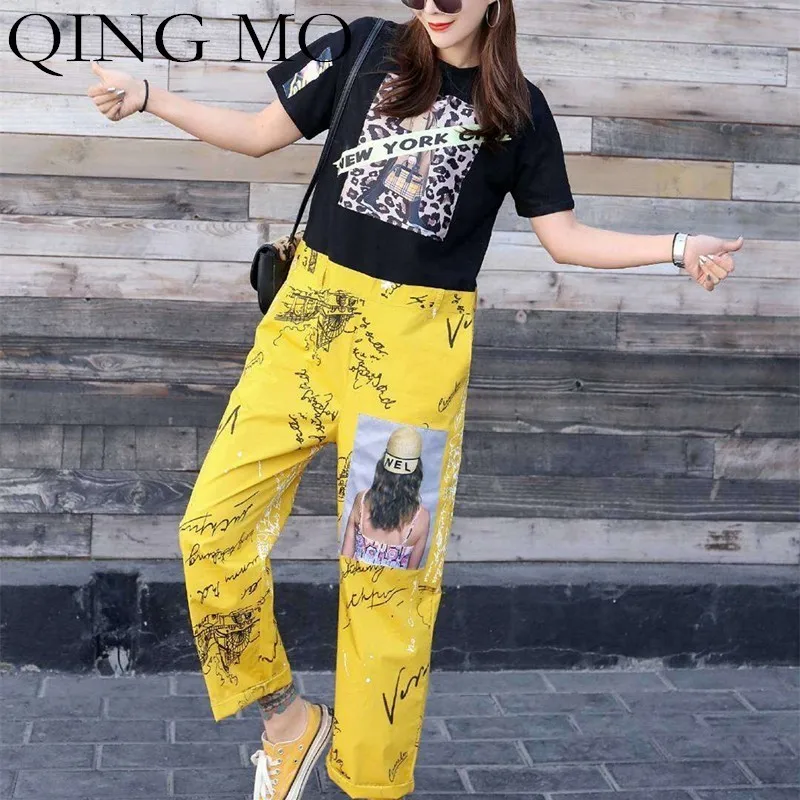 QING MO комбинезоны с принтом женские длинные Комбинезоны 2019 летние коротким