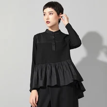 Low High Design England Style Black Blouse Women Peplum Top 2019 Spring New Fashion Neck-opening Casual Long Sleeve Blouse Women v neck slit sleeve high low blouse