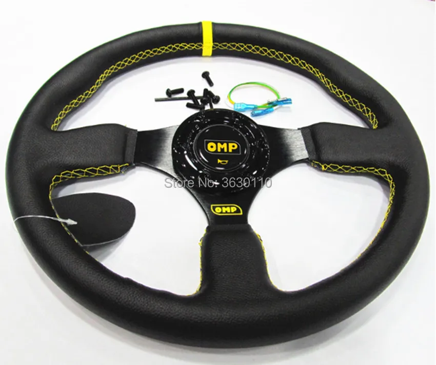 

high quality 14" (350mm) For OMP Racing Steering Wheel leather yellow or red line game flat Steering Wheel