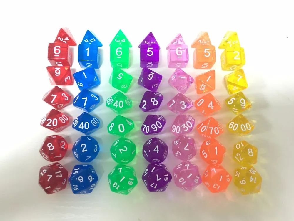 High Quality 7pcs/set dic Transparent Digital Polyhedral Rich Color Dice,Set of D4 D6 D8 D10%D12 D20 for Dnd Rpg Board Game dice