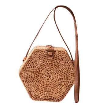 

Summer Beach Vintage Handmade Rattan Bag Hexagon Straw Women Casual Round Sling Bag