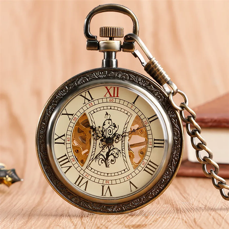 

Exquisite Roman Numerals Mechanical Pocket Watch Vintage Bronze 30 cm Pocket Chain Open Face Hand Winding Retro Watch Men Women