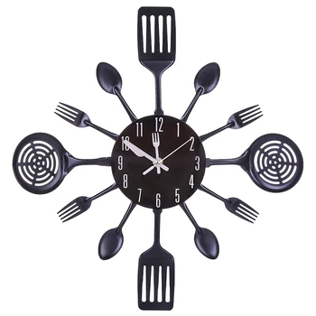 

41.5cm Metal Cutlery Kitchen Wall Clock Quartz Wall Clocks Modern Design Spoon Fork Clock Home Kitchen Office Decor Gift - Black