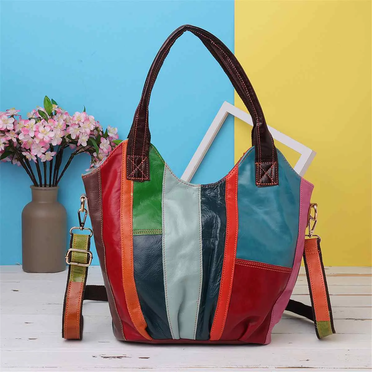 

Genuine Leather Handbags Women Shoulder Bag Colorful Patchwork Striped Crossbody Bag Ladies Totes Messenger Bags Bolsas Feminina
