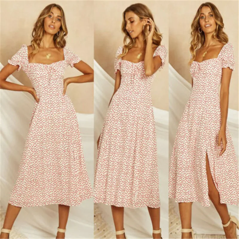 

Womens Boho Dress sweet Polka Dot maxi long dress short sleeve off shoulder Party dress Summer beach dress Sundress