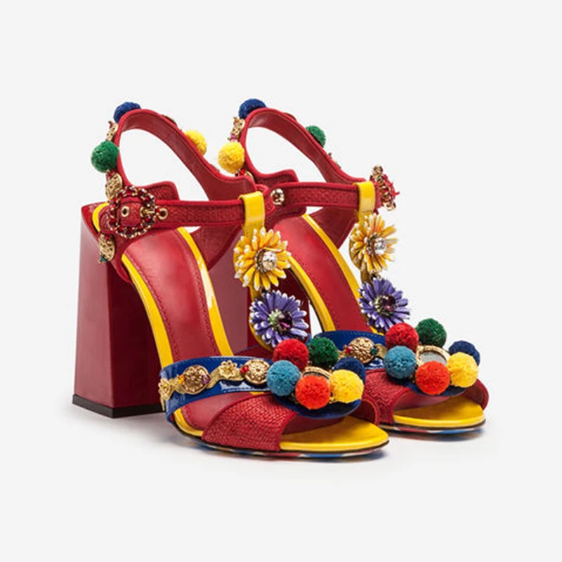 

Colorful Pom-pom Embellished High Heel Sandals Bohemian Shoes Women