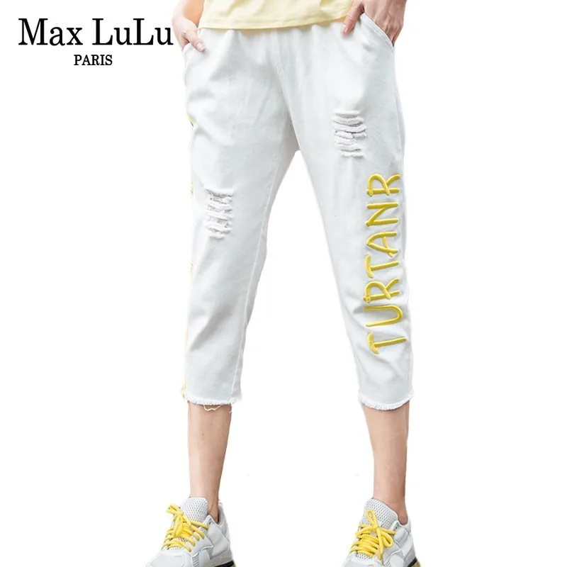 

Max LuLu Fashion Korean Brand Ladies White Denim Trousers Women Summer Holes Elastic Harem Jeans Vintage Female Embroidery Pants