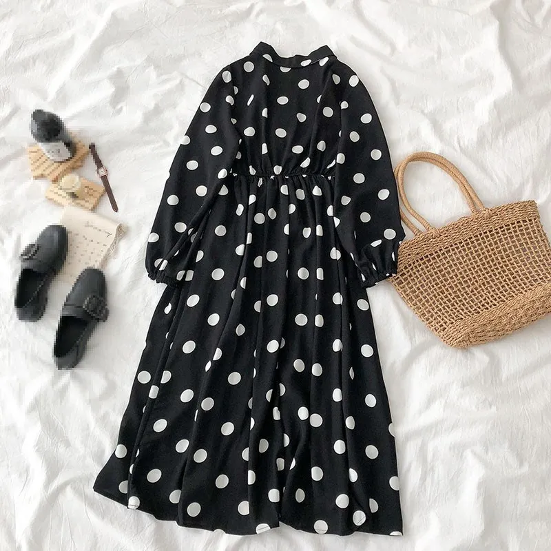 

2019 Spring New Women Polka Dot Dress Vintage Turn-down Collar Long Sleeve A-line Mid Dresses Casual Empire Dress