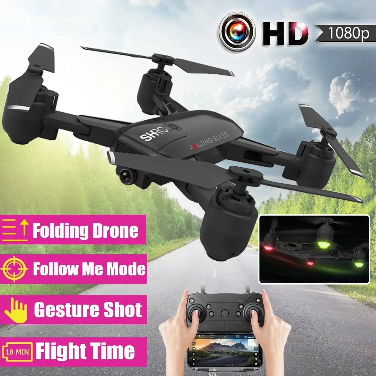

Mini RC Selfie Drone 1080P HD Camera WIFI FPV 2.4G Follow Me Mode Foldable VR Live Flight RC Drone Quadcopter for Child Gift