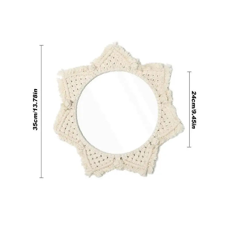 1 pieza Beige redondo bohemio espejo macramé cuerda de algodón hecho a mano hogar colgante pared espejo Decoración elegante espejos de pared