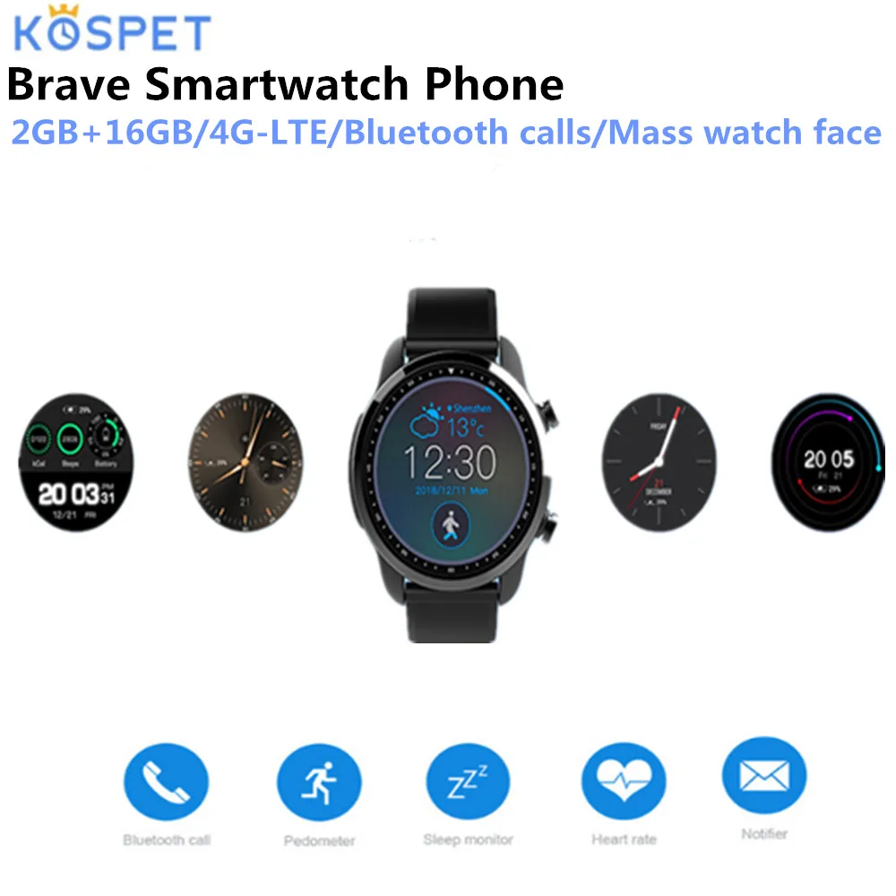 

Kospet Brave 4G Smartwatch Phone 1.3 inch Android 6.0 MTK6737 1.2GHz 2GB RAM 16GB ROM IP68 Waterproof 620mAh