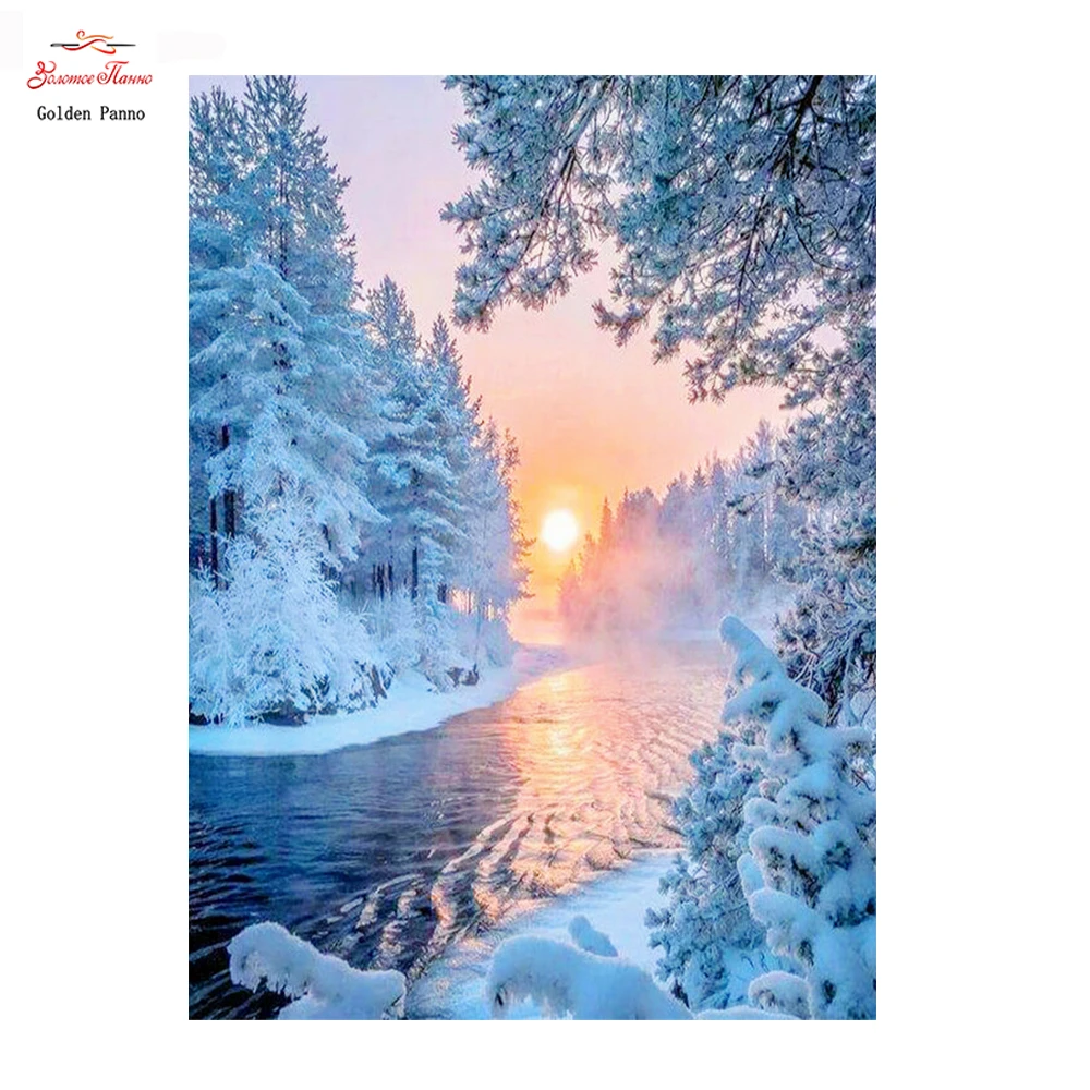 

Golden Panno DIY 5D Diamond Embroidery Landscape Omni Diamonds Cross Stitch Set Mosaic Winter Needle Cross Stitch