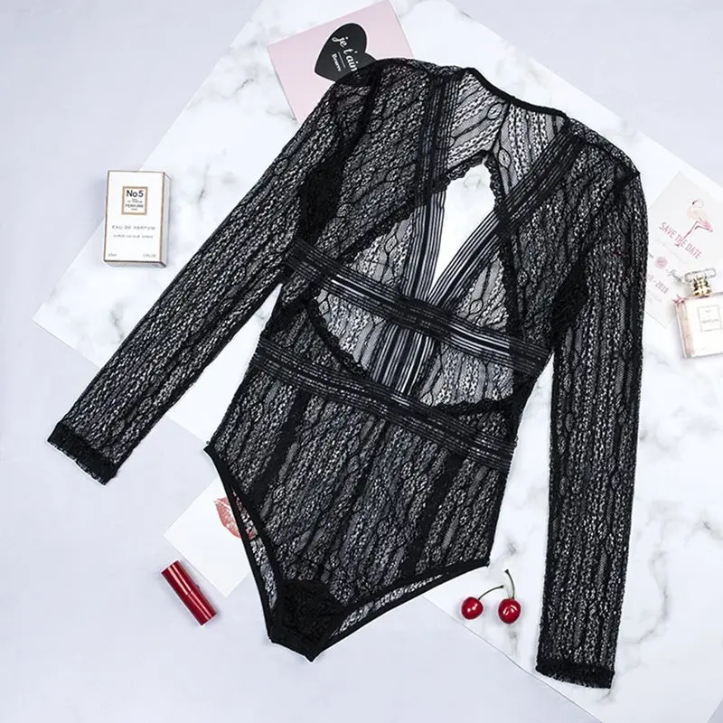 

Women Bodysuits Sexy Lingerie Nightwear Summer 2019 Lace Backless Hollow Mesh Solid Black Female Fashion Sleepwear Underwear