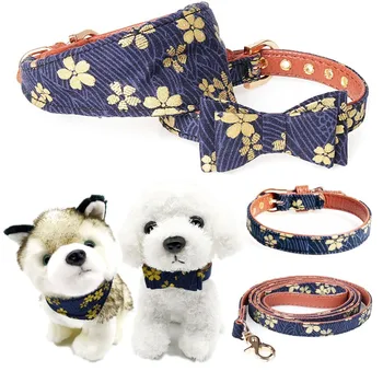 

Dog Collar Bowknot Bib Pet Cat Bandana Leash Leather Blue Cherry Bronzing Fabric Neck Strap For Chihuahua Teddy Pug New