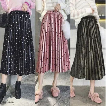 

Fashion Women Casual Skirt Elastic Waist Velvet A-Line Pleated Swing Long Skirt