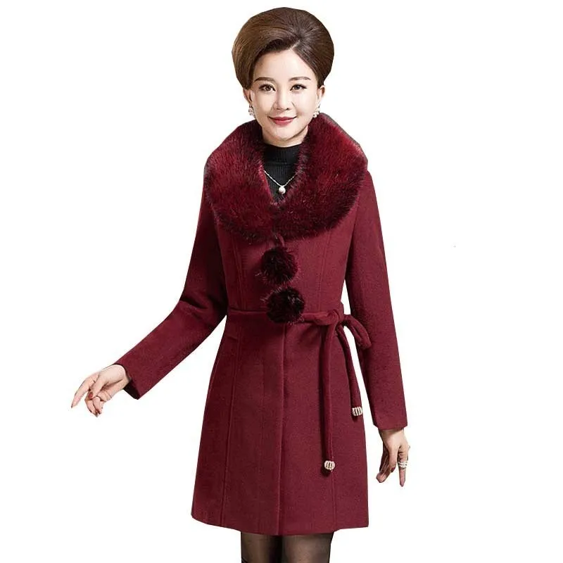 Best Gifts For Mothers Winter Woolen Coat Women Warm Dark Buckle Large Fur Collar Long Wool Overcoat Thickening Middle aged Parka 068