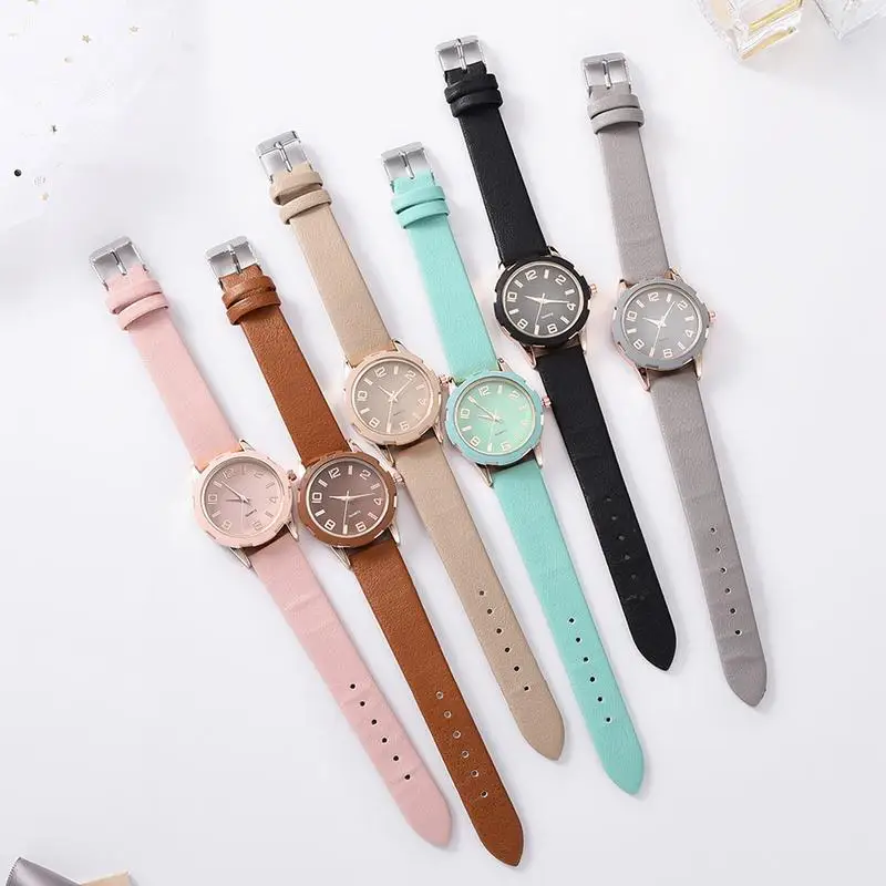 

Quartz Watch Ladies Fashion PU Strap Fine Quartz Watch Rose Gold Scale Simple Office colorful Round Watch For Women 2019 New