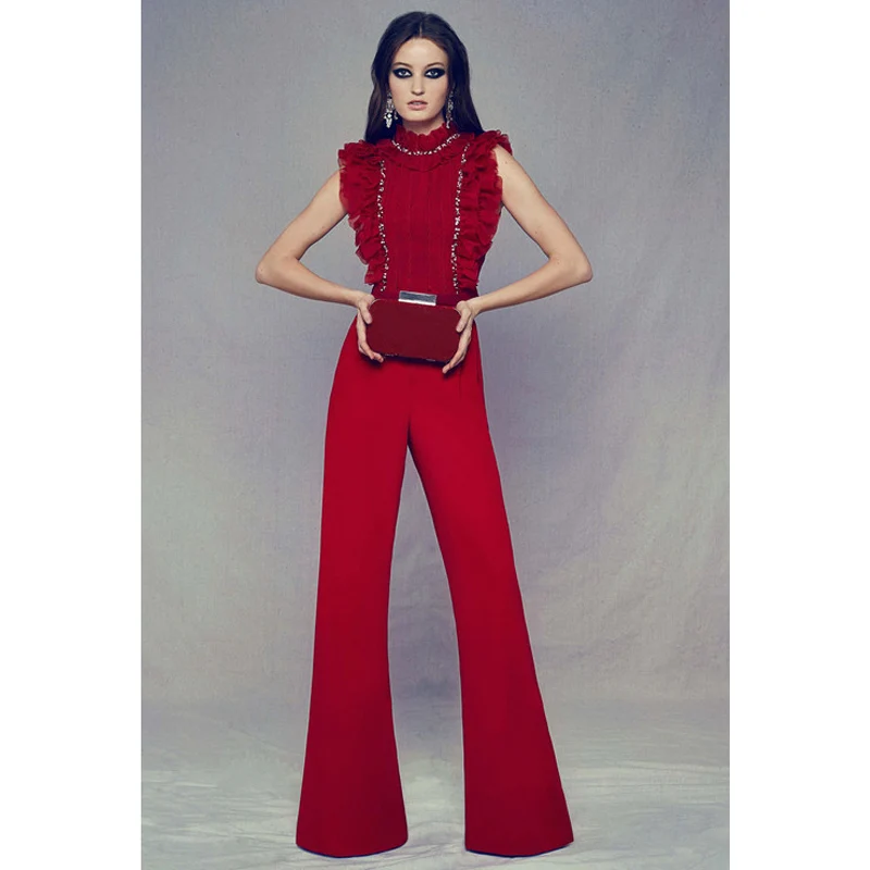 

black / red party jumpsuit 2018 beaded ruffle collar sleeveless full length long pants overalls stylish feminine overalls sale
